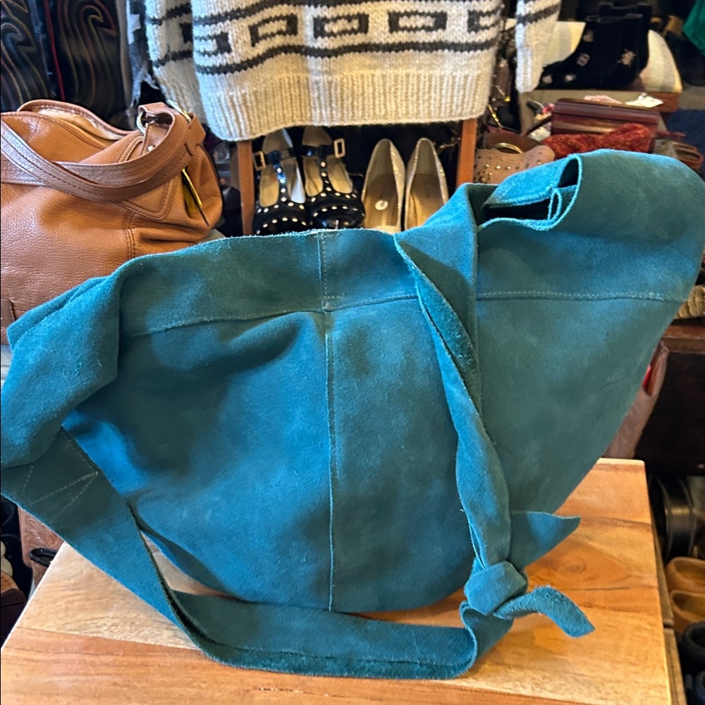 Teal Suede Shoulder Tote Bag - Women's Casual Carryall
